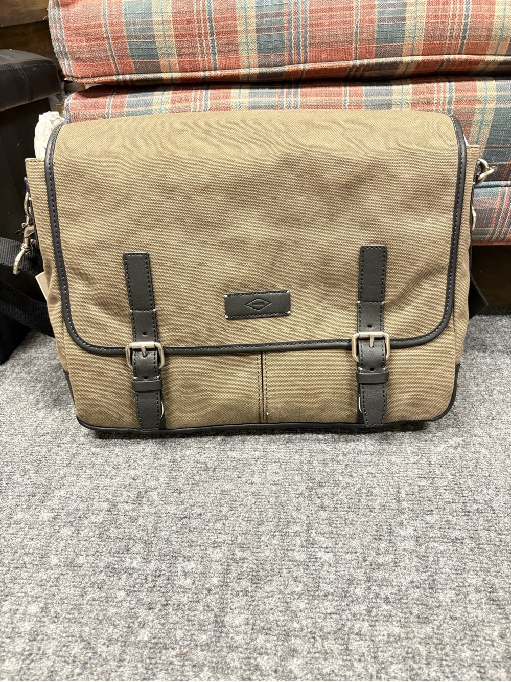 New Fossil Olive Canvas Graham Messenger Bag with Dark Leather Brown Trim